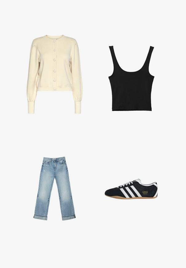 Cremefarvet strikket cardigan med rund halsudskæring, lange ærmer, ribbede manchetter og knaplukning foran med store, glatte knapper.; Sort cropped tank top med brede skulderstropper, lavet i blødt materiale, med en glat tekstur og et minimalistisk design.; Lyseblå cowboybukser med vide ben, opkrogede kanter og let slid foran ved lommerne og lårene.; Sort ruskinds sneaker med hvide tre striber, guldlogo og en brun gummisål. Har et lavprofil snørebåndsdesign.