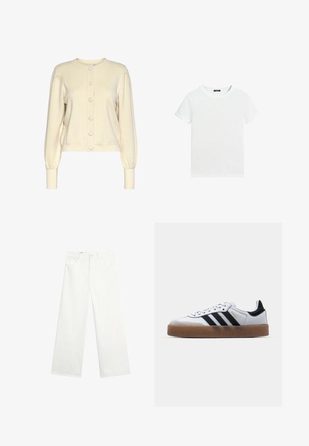 Cremefarvet strikket cardigan med rund halsudskæring, lange ærmer, ribbede manchetter og knaplukning foran med store, glatte knapper.; Almindelig hvid T-shirt med korte ærmer, rund halsudskæring og lille sort label inden i kraven.; Hvide bukser med vide ben, forlommer, bæltestropper og lukning med knap i taljen, vist på ensfarvet hvid baggrund.; Hvide lædersneakers med sorte striber, gummirubber sål, rund tå, snørelukning og blød grå ruskinds tåhætte.