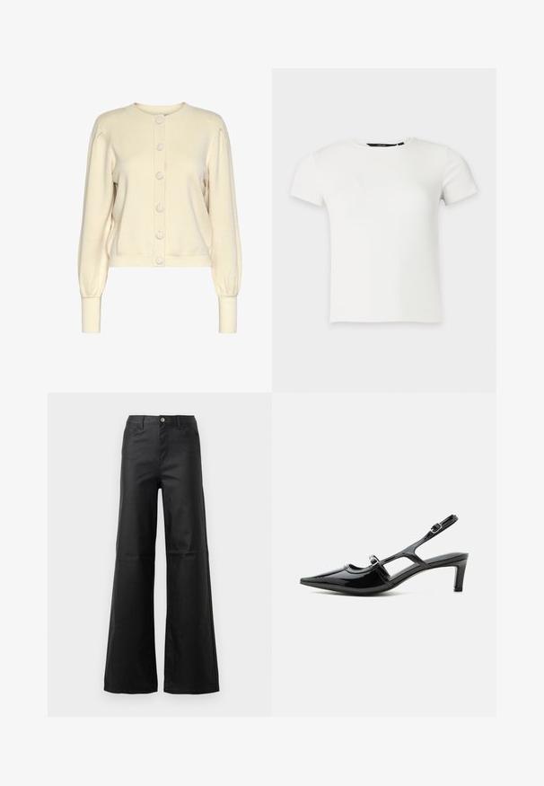 Cárdigan de punto color crema con cuello redondo, mangas largas, puños de canalé y cierre delantero con botones grandes y lisos.; Camiseta blanca de punto acanalado con mangas cortas y cuello redondo, presentada sobre un fondo liso gris claro.; Jeans de pierna ancha negros, hechos de denim suave, que cuentan con cierre de botón, bolsillos frontales y un diseño de cintura alta.; Zapato slingback de charol negro con punta puntiaguda, tacón bajo y dos correas ajustables con hebillas, mostrado de perfil lateral.