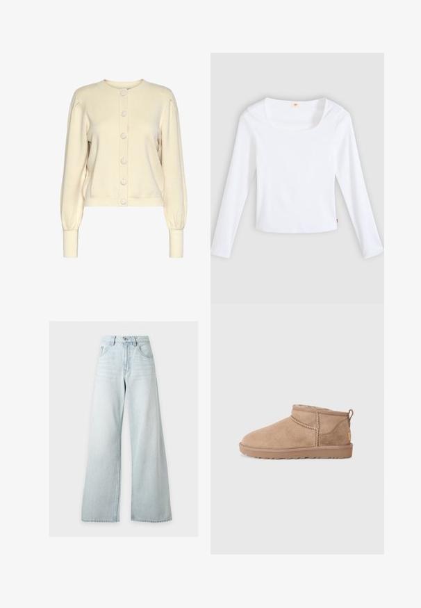 Cremefarvet strikket cardigan med rund halsudskæring, lange ærmer, ribbede manchetter og knaplukning foran med store, glatte knapper.; Hvid langærmet t-shirt lavet af ribstrikket stof, med firkantet halsudskæring og tætsiddende design, med en lille logotag i siden.; Lyseblå højhåndede vidde jeans med forreste knap og lynlås, forlommer og bæltestropper på hvid baggrund.; Brune ruskinds ankler støvler med blød indvendig foring, quiltede detaljer og en struktureret gummisål for godt greb. Sløjfe bagpå for nem påtagning.