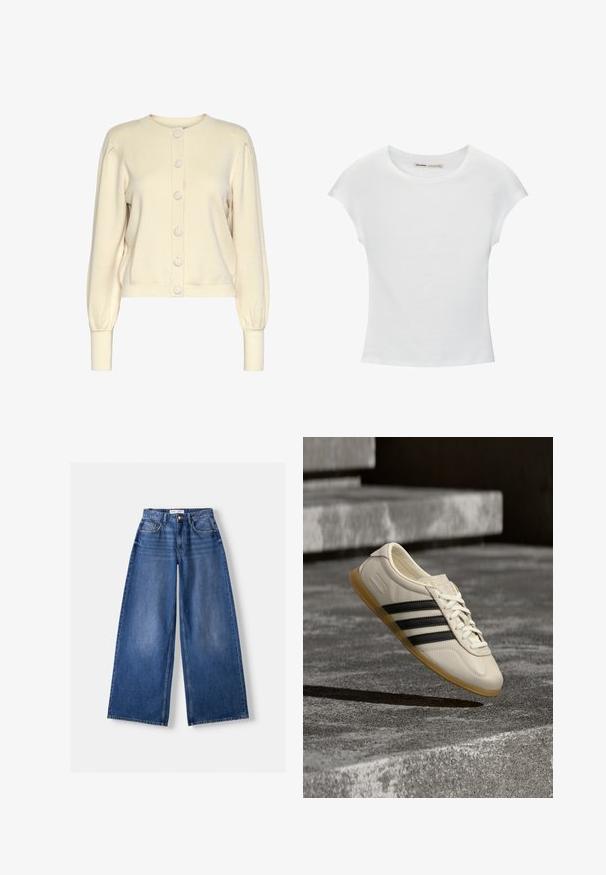 Cremefarvet strikket cardigan med rund halsudskæring, lange ærmer, ribbede manchetter og knaplukning foran med store, glatte knapper.; Hvid bomuld t-shirt med korte, opsmøgede ærmer, rund halsudskæring og lige kant. Glat tekstur uden synlige mønstre eller detaljer.; Bredbenet blå denimjeans med forlommer, bæltestropper og knaplukning, lagt fladt på en lys baggrund.; Hvid sneaker med sorte striber og gummisål svæver over betontrapper i blødt dagslys.