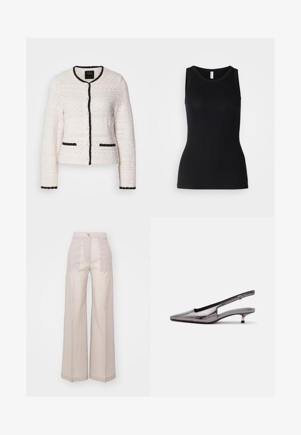 Hvid strikket cardigan med sort kant på krave, front, ærmer og lommekanter, præget af teksturerede geometriske mønstre og frontknapper.; Sort ærmeløs tanktop lavet af ribbet stof, med rund halsudskæring og tætsiddende design, med en glat overflade og uden mønstre.; Beige brede bukser lavet af et letvægtigt vævet stof, med høj talje, enkelt frontknaplukning og en subtil tekstur.; Metalgrå spids slingback-sko med lav kittenhæle og justerbar rem på hvid baggrund.