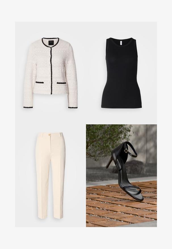 Cardigan blanc tricoté avec des bordures noires au col, à l'avant, aux poignets et aux bords des poches, présentant des motifs géométriques texturés et des boutons à l'avant.; Débardeur noir sans manches en tissu côtelé, avec un col rond et une coupe ajustée, à la texture douce et sans motifs.; Pantalons taille haute couleur crème en tissu texturé. Dotés d'une fermeture à bouton à l'avant et de jambes fuselées.; Sandale noire à talon haut avec sangle à la cheville, suspendue au-dessus d'un sol en carreaux de bois à l'extérieur, avec un arrière-plan flou de verdure et de pierre.