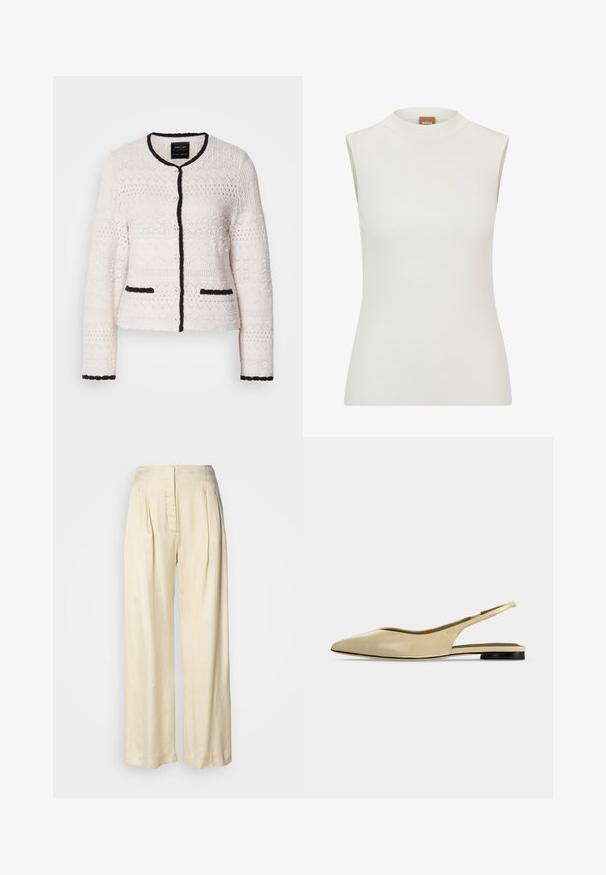 Cardigan blanc tricoté avec des bordures noires au col, à l'avant, aux poignets et aux bords des poches, présentant des motifs géométriques texturés et des boutons à l'avant.; Haut blanc sans manches avec un col montant, présentant une texture côtelée et un design ajusté. Étiquette de marque "BOSS" visible sur le col.; Pantalon en soie crème taille haute avec plis, jambes larges et fermeture éclair avant dissimulée sur un fond blanc uni.; Chaussure plate beige à bout pointu avec bride arrière, petit talon noir et finition en cuir lisse, vue de côté sur un fond uni.
