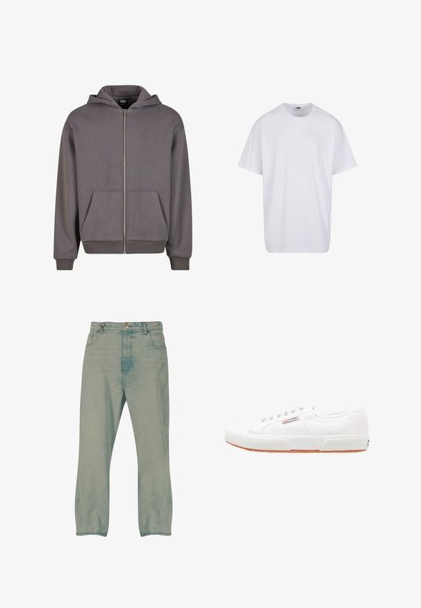 Grå zip-up hættejakke med en kængurulomme, ribbede manchetter og kant. Lavet af blødt stof med en glat tekstur. Har en hætte med snor.; Hvid, kortærmet bomulds-T-shirt med rund hals og synligt størrelses- og mærkelabel inde i kraven.; Lyseblå jeans med lige ben, forrest knapper, bæltestropper og forlommer, vist mod en hvid baggrund.; Hvide kanvas sneakers med gummisål, snørebåndsdesign og et lille logo mærke på siden. Tekstureret hvid overdel og brun ydersål.