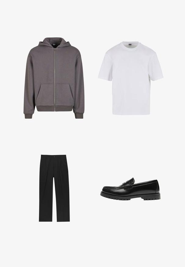 Haut à capuche zippé gris avec une poche kangourou, des poignets et un ourlet côtelés. Fabriqué en tissu doux avec une texture lisse. Équipé d'une capuche à cordon de serrage.; T-shirt blanc à manches courtes en coton. Il présente un col rond et une coupe décontractée. Texture lisse, design minimaliste, sans motifs ni accents.; Pantalons noirs au design droit, fabriqués à partir d'un tissu lisse. Dotés de plis sur le devant et d'une fermeture à un bouton à la taille.; Mocassin en cuir noir avec une semelle en caoutchouc épaisse et un détail classique de bride à monnaie, vu de côté extérieur.