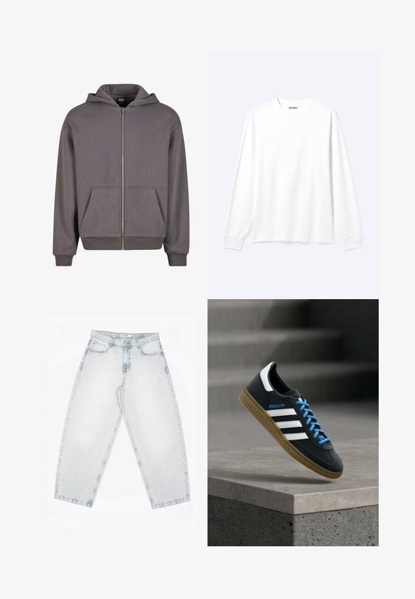 Haut à capuche zippé gris avec une poche kangourou, des poignets et un ourlet côtelés. Fabriqué en tissu doux avec une texture lisse. Équipé d'une capuche à cordon de serrage.; Chemise blanche unie à manches longues avec col rond et poignets côtelés, présentée sur un fond clair neutre.; Jean en denim délavé clair avec une taille haute, des jambes droites et larges, une fermeture à boutons et zip, ainsi que des poches à l'avant et à l'arrière.; Baskets Adidas noires avec des rayures blanches, des lacets bleus et une semelle en gomme flottant au-dessus d'une marche en béton grise sous une lumière douce.