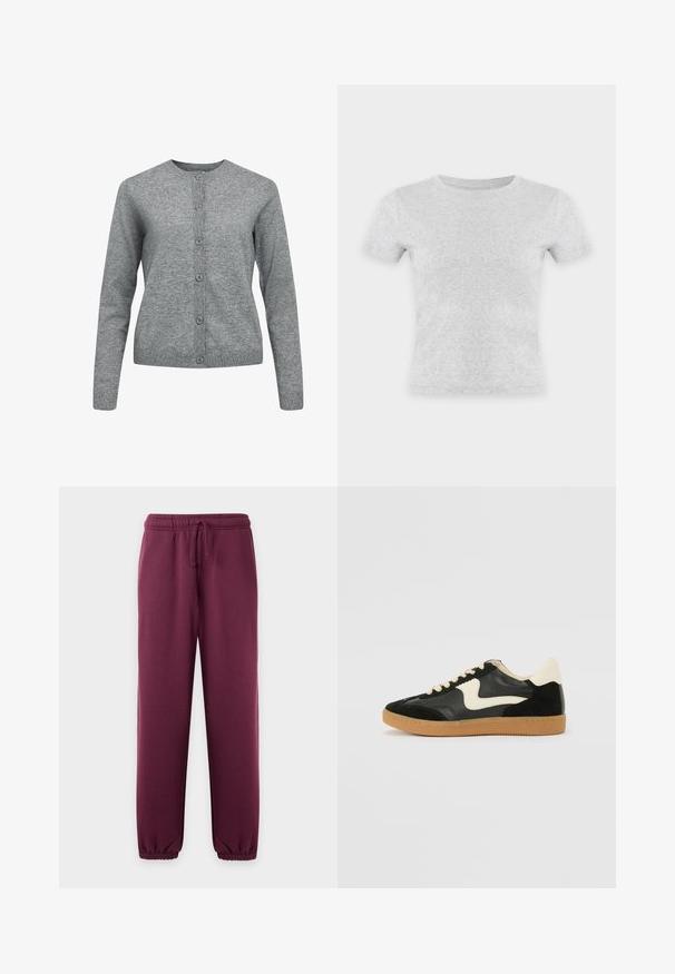 Cardigan en tricot gris avec col rond, manches longues et fermeture à boutons. Présente des poignets et un ourlet côtelés avec une texture douce et lisse.; T-shirt uni gris clair à manches courtes et col rond, présenté sur un fond blanc neutre. Aucun logo ou motif visible.; Pantalon de jogging violet foncé avec taille élastique et cordon, jambes fuselées et poignets élastiques aux chevilles.; Baskets en daim et cuir noir avec un swoosh latéral crème et un talon crème clair. Dotées de lacets beige et d'une semelle en caoutchouc gomme.