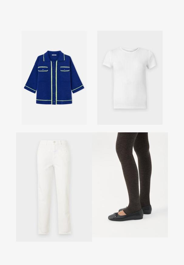 Cardigan en maille bleu marine avec bordure jaune néon, boutonnage sur le devant, deux poches à rabat sur la poitrine et manches trois-quarts.; T-shirt blanc à manches courtes en maille côtelée avec un col rond et de subtils motifs verticaux texturés.; Jean blanc à jambes droites avec poches avant, passants de ceinture et fermeture par bouton à la taille.; Jambes portant des leggings côtelés foncés associés à des ballerines noires avec de petits détails en nœud sur fond blanc.