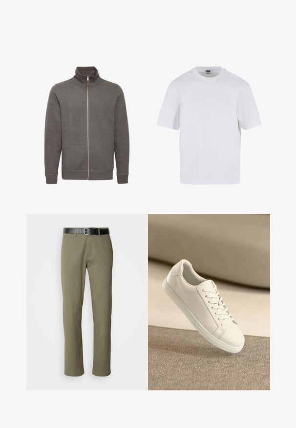 Grijze zip-up jas met hoge kraag, voorzien van zijzakken en ribbelmanchetten. Gemaakt van zachte stof, met een schoon, minimalistisch ontwerp.; Witte kraagloze t-shirt met korte mouwen, gemaakt van katoen. Heeft een ronde halslijn en een losse pasvorm. Soepele textuur, minimalistisch ontwerp, geen patronen of accenten.; Olivengroene rechte broek van katoen, met een zwarte leren riem, zichtbare stiksels en zijzakken.; Witte leren sneaker met witte veters, weergegeven op een beige textuurovervlak en een zacht vervaagd achtergrond.