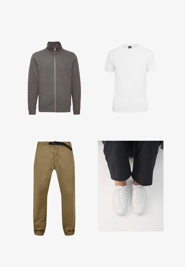Grijze zip-up jas met hoge kraag, voorzien van zijzakken en ribbelmanchetten. Gemaakt van zachte stof, met een schoon, minimalistisch ontwerp.; Witte t-shirt met korte mouwen, gemaakt van katoen, voorzien van een ronde hals en een soepele textuur, ontworpen voor casual gebruik.; Khaki broek van katoenmix, met een elastische tailleband en een verstelbare zwarte riem, licht taps toelopende pijpen, en zonder zichtbare patronen.; Witte leren sneakers met een gladde textuur, ronde neus en klassiek vetersysteem, gepositioneerd boven donkere, losse broeken.
