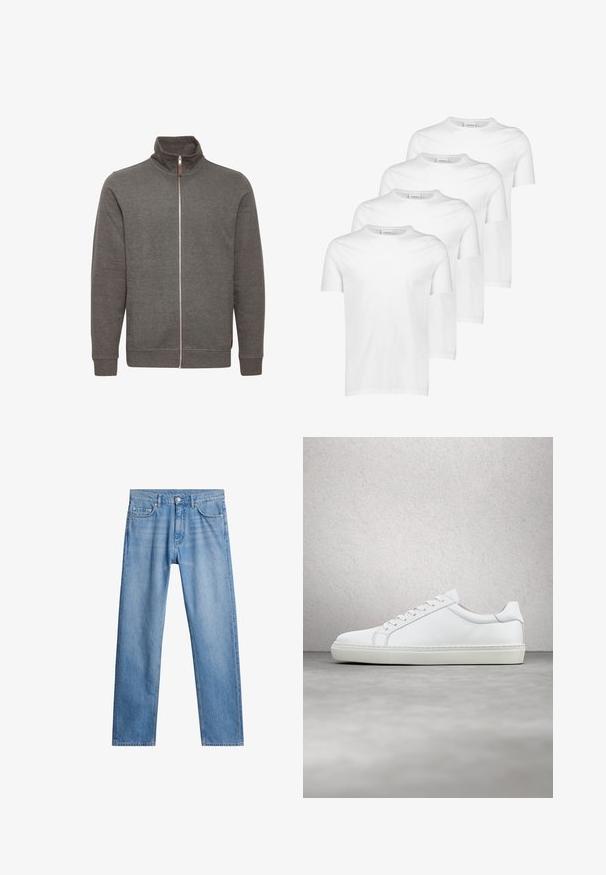 Grijze zip-up jas met hoge kraag, voorzien van zijzakken en ribbelmanchetten. Gemaakt van zachte stof, met een schoon, minimalistisch ontwerp.; Witte katoenen T-shirts, korte mouwen, ronde halslijn, gladde textuur, vier stuks gestapeld met een consistent ontwerp en zonder patronen of accenten.; Lichtblauwe denim jeans met een rechte pijp, vijf zakken en een metalen knoopsluiting. Gemêleerde stof met vervaagde details aan de voorkant.; Witte sneaker met een gladlederen bovenwerk en een laag profiel. Voorzien van een ronde neus, zes vetergaatjes en een gestructureerde rubberen zool.