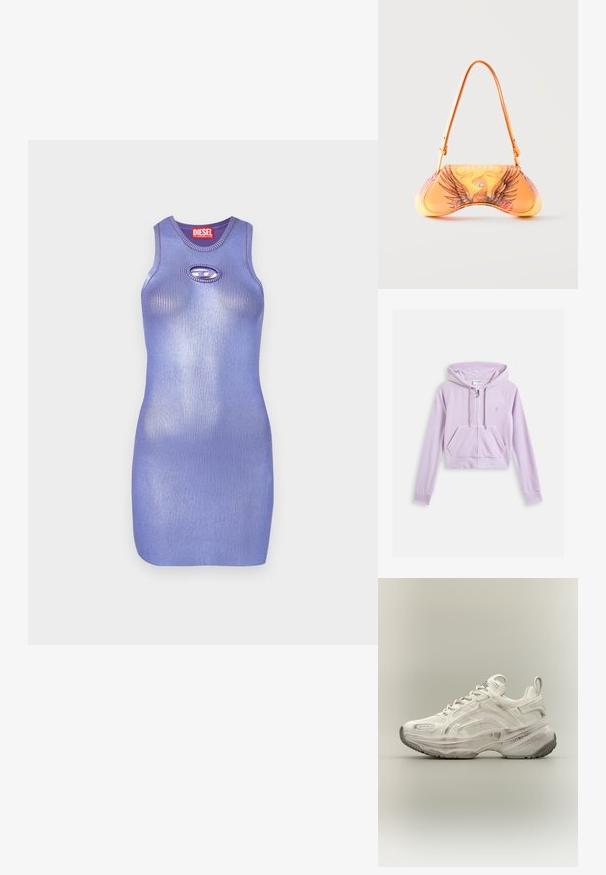 Afskåret lavendel hoodie med frontlynlås, kengurulomme og snor i hætten. Har broderet logo på brystet. Blød stoftekstur.; Lilla ribbede strikkjakke med rund halsudskæring og nøglehul-details. Slankt, tætsiddende design. Mærkenavn vist på etiketten.; Chunky sneaker fra White Buffalo med tekstureret sål, snørelukning foran og trækflig ved hælen, vist fra siden på neutral baggrund.; Orange håndtaske med ørnegrafik og teksten "DIESEL", med en buet form og en enkelt skulderrem mod en ensfarvet baggrund.