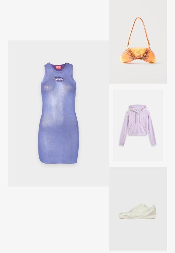 Kort lavendel hoodie met een rits aan de voorkant, kangoeroezak en een capuchon met trekkoord. Bevat een geborduurd logo op de borst. Zachte stoftextuur.; Paarse geribbelde gebreide jurk met een ronde hals en een sleutelholedetail. Slanke, figuuraccentuerende pasvorm. Merkje op het etiket.; Lichtgrijze sneakers met een mix van glad leer en textuur suède. Kenmerken een geometrisch ontwerp en een rubberen zool met logodetail.; Oranje handtas met adelaar-grafiek en tekst "DIESEL", met een gebogen vorm en een enkele schouderband tegen een effen achtergrond.