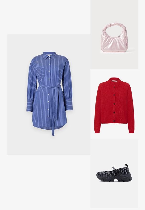 Cardigan en maille rouge à manches longues, col côtelé et cinq boutons noirs sur le devant.; Robe chemise bleu à rayures avec des manches longues, fermeture à boutons, une poche sur la poitrine gauche, et une ceinture en tissu assortie à la taille.; Chaussure Mary Jane noire avec semelle épaisse texturée, dessus clouté et bride à boucle réglable, présentée en profil latéral sur fond blanc.; Sac à main rose rembourré avec un design arrondi, fabriqué à partir d'un matériau brillant. Dispose d'une poignée froncée et d'une fermeture éclair pour un accès sécurisé.