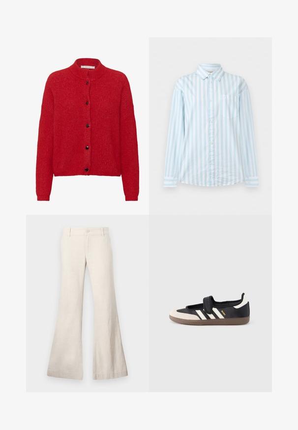 Cardigan en maille rouge à manches longues, col côtelé et cinq boutons noirs sur le devant.; Chemise à manches longues à rayures verticales bleu clair et blanches, avec une poche poitrine et un col classique.; Pantalons beiges évasés en tissu léger composé de lin. Présente une fermeture à bouton à l'avant et des poches latérales. Texture lisse, design décontracté.; Baskets noires et beiges avec une bride en velcro, trois bandes blanches sur le côté, et une semelle en caoutchouc marron texturée. Logo de la marque visible.