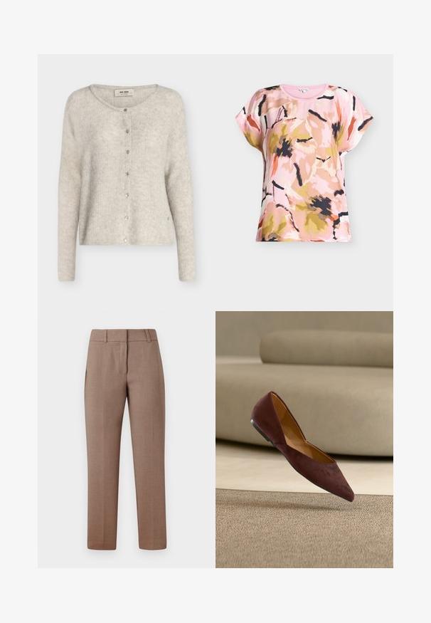 Lichtgrijze gebreide cardigan met lange mouwen, ronde hals en sluiting aan de voorkant met drukknopen, gelabeld "Mos Mosh."; Dames top met korte mouwen en een abstract bloemenpatroon in roze, beige, zwart en oranje tinten op een lichtroze achtergrond.; Lichtbruine op maat gemaakte broeken met een gladde textuur, vlakke voorkant, zijzakken en een rechte pijpdesign. De stof heeft een subtiel patroon.; Donkerbruine suède platte schoen met puntige neus zwevend boven een beige tapijt met een beige bank op de achtergrond.