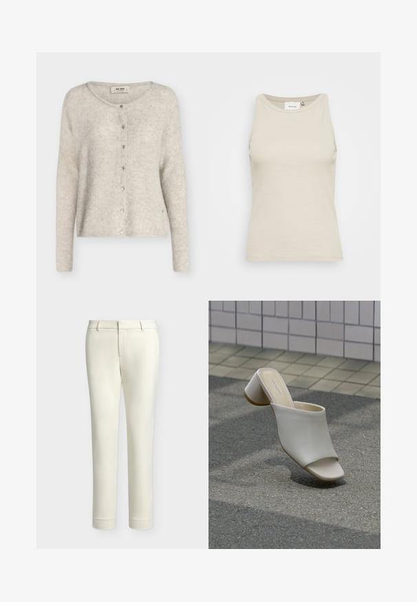 Cárdigan de punto gris claro con mangas largas, cuello redondo y cierre frontal con botones automáticos, etiquetado "Mos Mosh."; Top de tanque beige claro hecho de tela acanalada con cuello redondo y diseño sin mangas. Presenta una sutil etiqueta de la marca en el interior.; Pantalones ajustados de color crema con trabillas para cinturón y cremallera frontal, mostrados sobre un fondo liso de color gris claro.; Un zapato mule blanco abierto en la punta con tacón ancho sobre suelo pavimentado cerca de una pared de azulejos, inclinado para mostrar vistas lateral y superior.