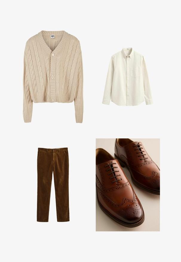 Crème kabelgebreide cardigan met V-hals, lange mouwen, vijfknopen sluiting en geribbelde zoom. Heeft een gestructureerd patroon door het geheel.; Wit overhemd met lange mouwen met dunne verticale grijze strepen, knoopsluiting aan de kraag, borstzak en knoopsluiting in het midden.; Bruine ribfluwelen broek met een rechte pijpdesign, voorzien van een voorste knoopsluiting en twee zijzakken. Gestructureerde stof met een geribbeld patroon.; Gepolijste bruine leren Oxford schoenen met brogue-details en gesloten vetersluiting op een lichte ondergrond, zichtbaar van voor- en zijkant.