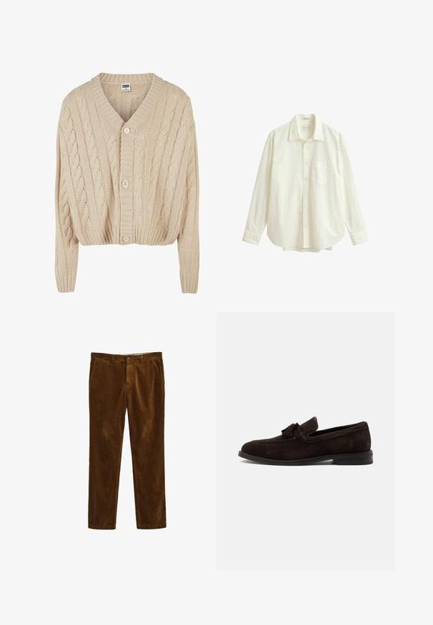 Cardigan crème en tricot torsadé avec un col en V, des manches longues, une fermeture à cinq boutons et un ourlet côtelé. Il présente un motif texturé sur l'ensemble.; Chemise à manches longues de couleur blanc cassé, à boutons, avec poche poitrine à l'avant, col classique et ourlet arrondi, présentée sur fond blanc.; Pantalons en velours côtelé marron avec une coupe droite, dotés d'une fermeture à bouton à l'avant et de deux poches latérales. Tissu texturé avec un motif à côtes.; Mocassin homme en daim brun foncé avec pompons, coutures apparentes et petit talon, présenté de profil sur un fond uni.