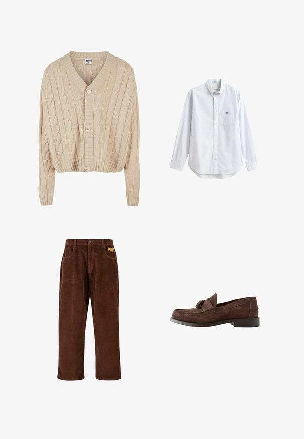 Cremfarbener Strickcardigan mit V-Ausschnitt, langen Ärmeln, fünf Knöpfen und geripptem Saum. Verfügt über ein strukturiertes Muster im gesamten Design.; Hellblaues langärmeliges Hemd aus Baumwolle mit Knöpfen. Es verfügt über eine Tasche auf der linken Brust und einen klassischen Kragen mit einem kleinen Branding-Detail.; Braune Cordhosen mit gerippter Textur, geradem Schnitt, Fronttaschen und einem gestickten gelben Logo in der Nähe des Bundes.; Brauner Herren-Slipper aus Wildleder mit Quasten-Detail und niedrigem gestapeltem Absatz, Seitenansicht auf weißem Hintergrund.