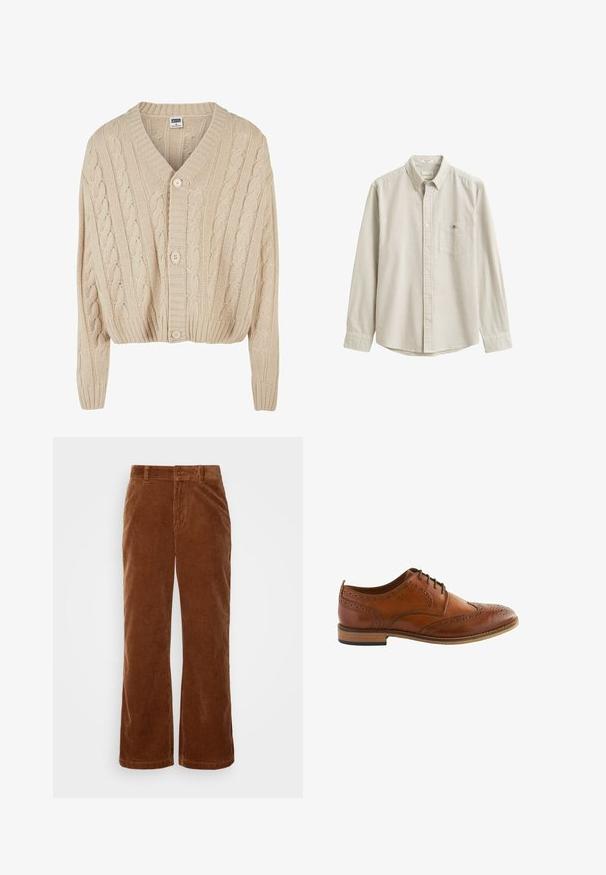 Cremefarvet kabelstrikket cardigan med V-hals, lange ærmer, fem-knaps lukning og ribbet kant. Har et struktureret mønster overalt.; Beige og hvid lodretstribet langærmet skjorte med krave og brystlomme, vist fladt uden person.; Brune fløjl bukser med et bredbenet design, der har vertikalt ribbet tekstur, en knaplukning og standard bælteløkker.; Herres brun læder brogue Oxford-sko med wingtip-perforeringer og sorte snørebånd, træsål og lav hæl.