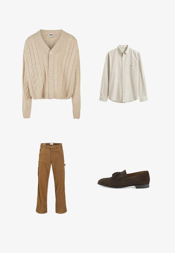 Cremefarvet kabelstrikket cardigan med V-hals, lange ærmer, fem-knaps lukning og ribbet kant. Har et struktureret mønster overalt.; Beige og hvid lodretstribet langærmet skjorte med krave og brystlomme, vist fladt uden person.; Brune corduroy bukser med regular fit, der har sidelommer, en enkelt cargo-lomme og en knaplukning i taljen.; Mørkebrun herreloafer i ruskind med kvaster, lav hæl og rundet tå, vist i profil på hvid baggrund.