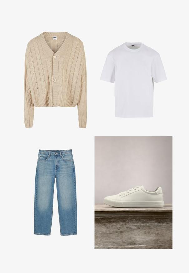 Cremefarvet kabelstrikket cardigan med V-hals, lange ærmer, fem-knaps lukning og ribbet kant. Har et struktureret mønster overalt.; Hvid kortærmet t-shirt lavet af bomuld. Har en rund halsudskæring og en afslappet pasform. Glat tekstur, minimalistisk design, ingen mønstre eller accenter.; Blå jeans med lige ben, forlommer, bæltestropper, knaplukning og diskrete falmede detaljer på lår og knæ.; Hvide snørresneakers svævende over en træbænk med grønne planter i baggrunden, der fremhæver skodesign og tekstur.