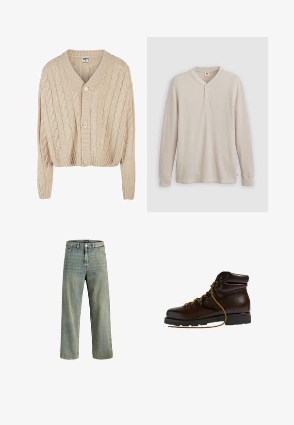 Cardigan crème en tricot torsadé avec un col en V, des manches longues, une fermeture à cinq boutons et un ourlet côtelé. Il présente un motif texturé sur l'ensemble.; T-shirt henley à manches longues en tissu côtelé beige clair, avec un col en V, une patte de boutonnage à trois boutons et des manches à poignets. Étiquette logo rouge à l'ourlet.; Jean en denim bleu clair à jambes larges avec poches avant, passants de ceinture et une fermeture à bouton, étiqueté Jack & Jones sur la ceinture.; Bottine de randonnée en cuir marron avec un bout arrondi, surface texturée, lacets jaunes et œillets en métal. Dotée d'une semelle en caoutchouc noir robuste.