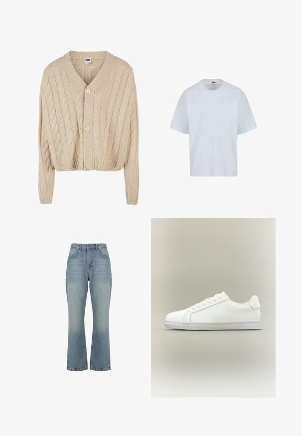Crème kabelgebreide cardigan met V-hals, lange mouwen, vijfknopen sluiting en geribbelde zoom. Heeft een gestructureerd patroon door het geheel.; Witte katoenen T-shirt met een ronde hals, korte mouwen en een rechte snit. Kenmerkend zijn de subtiele stiksels op de schouders.; Lichtblauwe denim spijkerbroek met hoge taille, rechte pijpen, knoopsluiting aan de voorkant, riemlussen en twee voorzakken.; Witte lage sneaker met veterluiting aan de voorkant en een gestructureerde rubberen zool tegen een neutrale achtergrond.