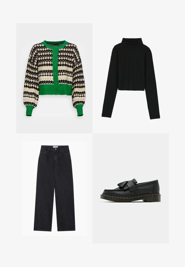 ONLY ONLMADEA - Ζακέτα - green bee pattern/slate green/black; Even&Odd by Zalando Μπλούζα με μακριά μανίκια - black; Μαύρα τζιν παντελόνια ψηλής μέσης, φαρδιάς γραμμής, με μπροστινό κουμπί και φερμουάρ, θηλιές ζώνης και πέντε τσέπες.; Μαύρες δερμάτινες loafers με στρογγυλή μύτη, διαθέτοντας λεπτομέρεια με φούντες και διακοσμητική ταινία μπροστά, σε χοντρό τακούνι.