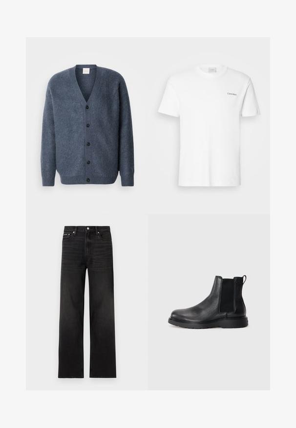 Cardigan en laine grise avec un col en V, des manches longues, cinq boutons noirs sur le devant et une finition douce et texturée.; T-shirt en coton blanc à manches courtes et col rond. Présente un petit logo noir "Calvin Klein" sur la poitrine gauche.; Jean noir droit avec cinq poches, passants pour ceinture et fermeture par bouton, présenté sur un fond blanc.; Bottes Chelsea en cuir noir avec une finition texturée, des panneaux latéraux élastiques et une semelle en caoutchouc robuste. Branding subtil sur le talon.
