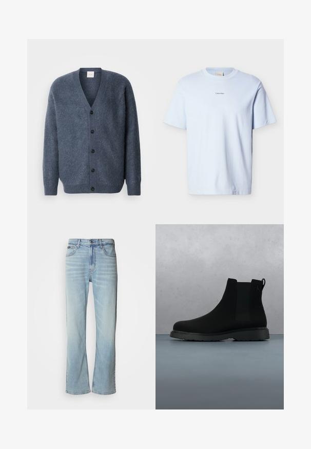 Cardigan en laine grise avec un col en V, des manches longues, cinq boutons noirs sur le devant et une finition douce et texturée.; T-shirt en coton bleu clair avec col rond et manches courtes, arborant un petit logo "Calvin Klein" imprimé en noir sur la poitrine.; Jeans en denim bleu clair avec une coupe droite, dotés de cinq poches, d'une fermeture à bouton et d'une légère décoloration sur le tissu.; Bottine noire en matériau lisse avec des coutures subtiles, une semelle en caoutchouc et un design épuré, positionnée au-dessus d'une surface à texture bois.
