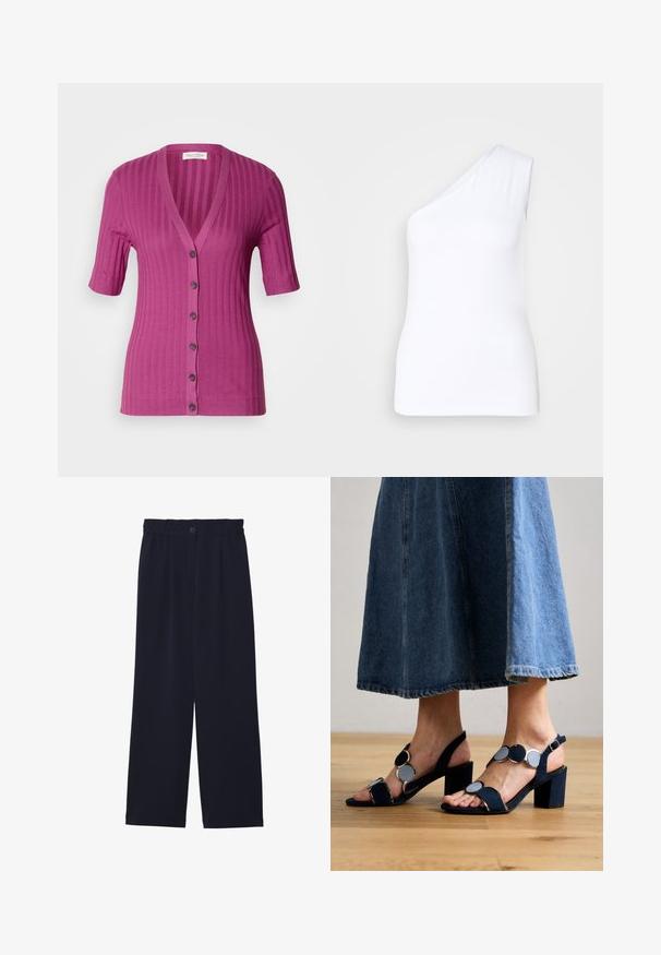 Ribbet, kortærmet cardigan i livlig magenta, med dyb V-hals, seks knaplukninger og kontrastbrune knapper.; Asymmetrisk hvid tanktop med design til den ene skulder, lavet af glat stof, der har en tætsiddende silhuet og rene kanter.; Marineblå brede bukser med en glat tekstur, elastisk talje, enkel frontfold og en knaplukning i taljen.; Marco Tozzi Sandaler - navy