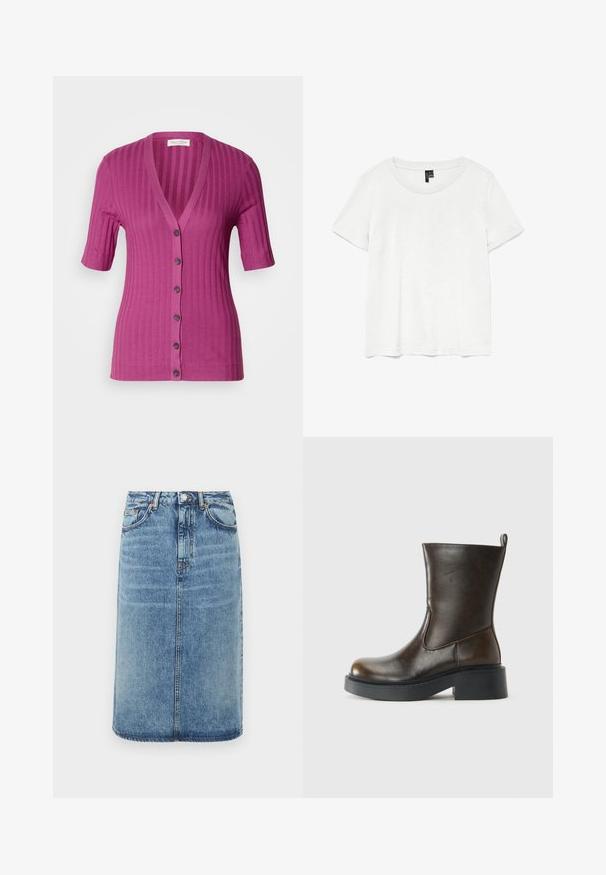 Rippstrick-Cardigan mit kurzen Ärmeln in kräftigem Magenta, ausgestattet mit einem tiefen V-Ausschnitt, sechs Knopfverschluss und kontrastierenden braunen Knöpfen.; Weißes T-Shirt mit kurzen Ärmeln und rundem Ausschnitt, hergestellt aus leichtem Stoff. Schlichtes Design, glatte Textur und gerader Saum.; Jeansrock in Hellblau. Mit geradem Schnitt, fünf Taschen und einem Knopfverschluss mit Gürtelschlaufen. Mit Distressed-Textur-Details.; Dunkelbrauner Lederstiefel bis zur Mitte des Waden mit runder Spitze, dickem schwarzen Sohlen, niedrigem Blockabsatz und einer Zuglasche auf der Rückseite.