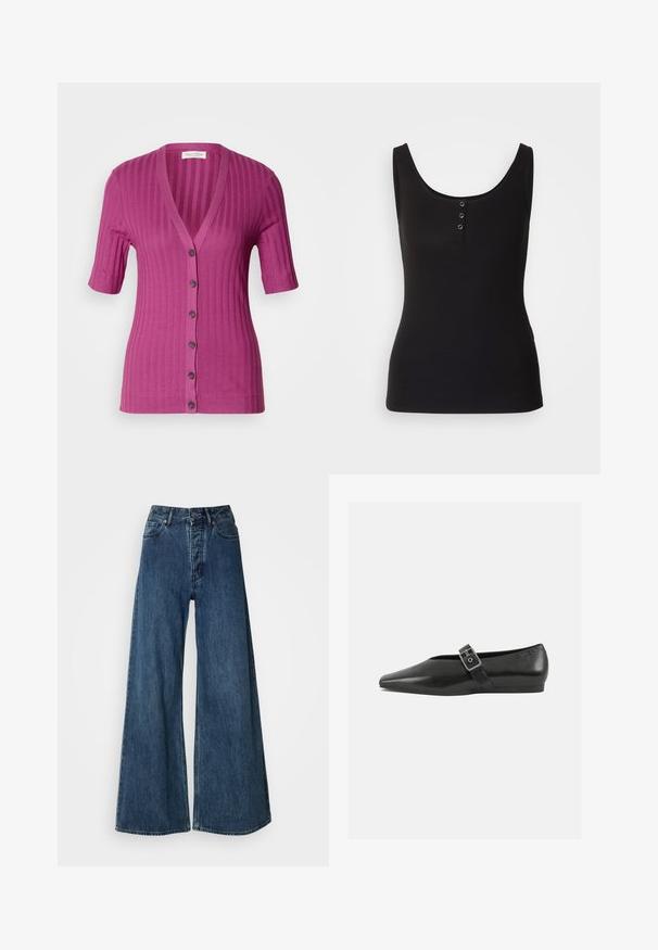 Ribbet, kortærmet cardigan i livlig magenta, med dyb V-hals, seks knaplukninger og kontrastbrune knapper.; Sort tanktop lavet af ribbet stof, med en rund halsudskæring og tre metal snapknapper ned foran. Glat tekstur, tætsiddende form.; Bredde bukser i denim i mørkeblå, med høj talje, fem-lomme design og kontrasterende syninger. Klassisk, holdbart stof.; Sorte læder flade sko med spidse tæer, prydet med en metallisk spænde over vristen og en lav, fleksibel sål.
