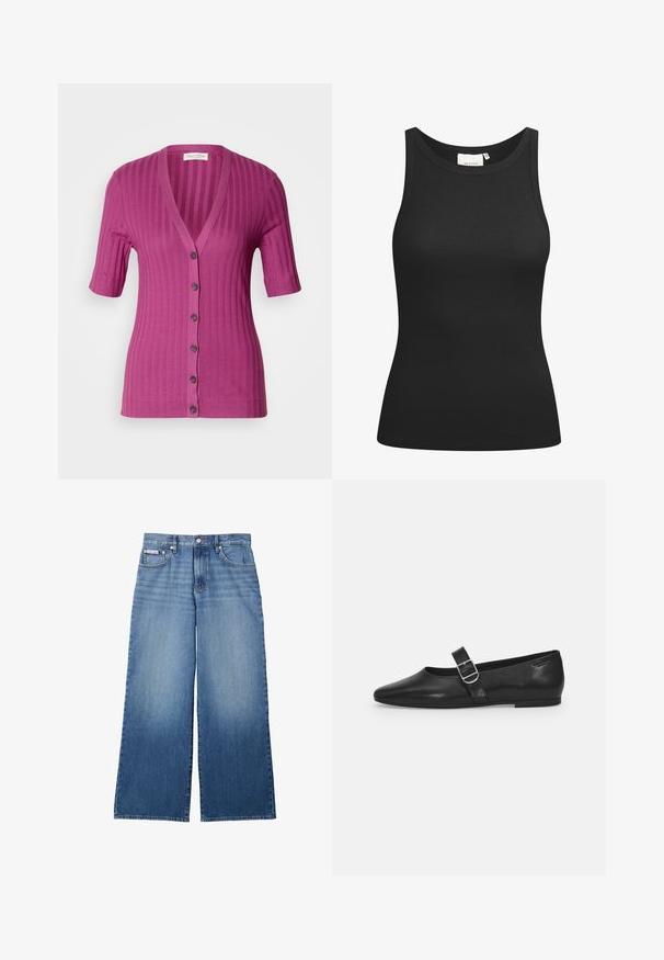 Ribbet, kortærmet cardigan i livlig magenta, med dyb V-hals, seks knaplukninger og kontrastbrune knapper.; Sort tanktop lavet af ribbet materiale, med en scooped halsudskæring og en tætsiddende form. Flade sømme og ingen udsmykninger. Enkel og strømlinet design.; Vidbenede blå denim jeans med falmet front, fem-lomme stil, knap- og lynlåslukning samt lille Calvin Klein-label på forlommen.; Sorte læder flade sko med rund tå, et enkelt justerbart spænde og en glat, blank overflade. Minimalistisk design med en lav hæl.