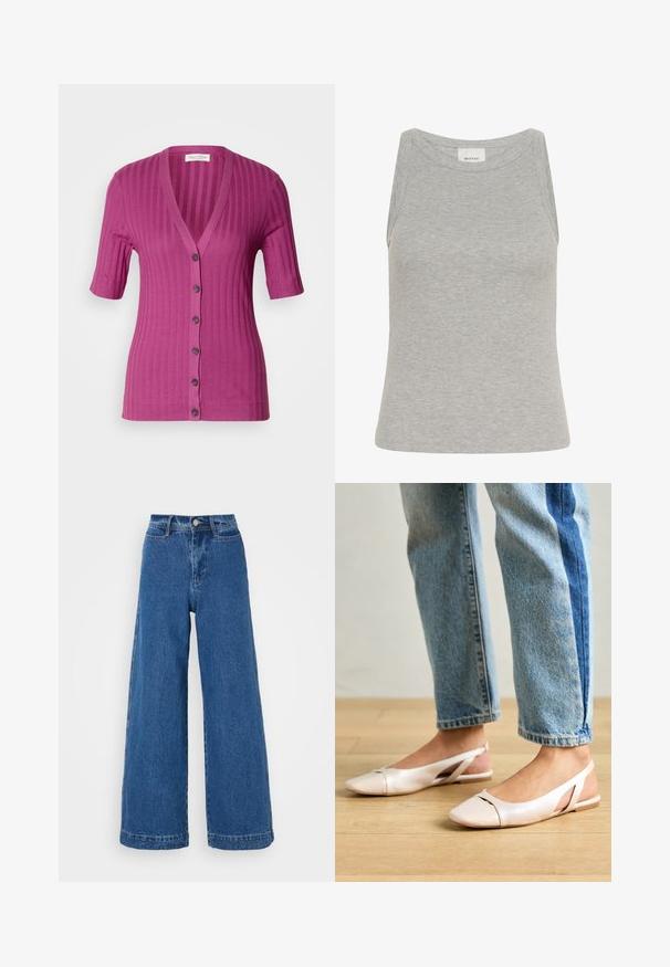 Ribbet, kortærmet cardigan i livlig magenta, med dyb V-hals, seks knaplukninger og kontrastbrune knapper.; Grå ribbet tanktop med rund halsudskæring og ærmeløs design. Fremstillet af blødt stof, har en tætsiddende silhuet og minimale syninger.; Højtaljede vide bukser lavet af blå denim. Har en frontknaplukning, fem lommer og slidser på kanterne.; Lyserøde slingback flade sko med spidse tær, lavet af et glat læderlignende materiale. Har udskæringsdetaljer på siderne og en flad hæl.