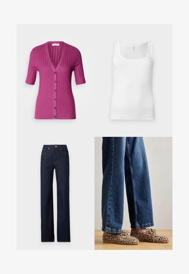 Cárdigan corto de manga corta con canalé en un vibrante magenta, con un escote en V profundo, cierre de seis botones y botones en contraste de color marrón.; Camiseta sin mangas blanca de algodón con escote redondo, tirantes estrechos y diseño ajustado. Textura suave y estilo minimalista.; Vaqueros de mezclilla azul marino con un diseño de pierna recta, estilo clásico de cinco bolsillos, costuras visibles y cierre frontal con botón.; Mocasines de ante con estampado de leopardo, que presentan una puntera redondeada, diseño de cordones y suelas planas y flexibles, combinados con jeans de mezclilla azul.
