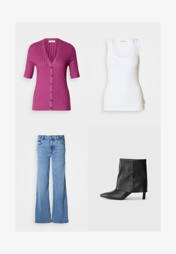 Ribbet, kortærmet cardigan i livlig magenta, med dyb V-hals, seks knaplukninger og kontrastbrune knapper.; Hvid ribbet tanktop med rund halsudskæring og brede stropper. Har en logomærkat på sidesømmen. Fremstillet af blødt, elastisk stof.; Lyseblå jeans med vid ben lavet af denim. Har et klassisk fem-lomme-design og synlig knaplukning. Blød tekstur og enkel finish.; Sort ankelstøvle lavet af glat læder med spids tå og tilspidset hæl. Overdelen har et let rynket design.