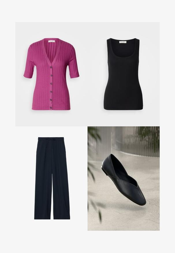 Ribbet, kortærmet cardigan i livlig magenta, med dyb V-hals, seks knaplukninger og kontrastbrune knapper.; Sort ribbet tanktop med rund halsudskæring, brede skulderstropper og en tætsiddende pasform. Label bagpå med teksten "Marc O'Polo."; Marineblå vide buks i glat stof med elastisk talje og snørebåndsdetalje. Har en afslappet pasform og ingen synlige lommer.; Sorte læder balletflade med spids tå og en V-formet udskæring på overklejen. Glat tekstur og minimalistisk design med en slank hæl.