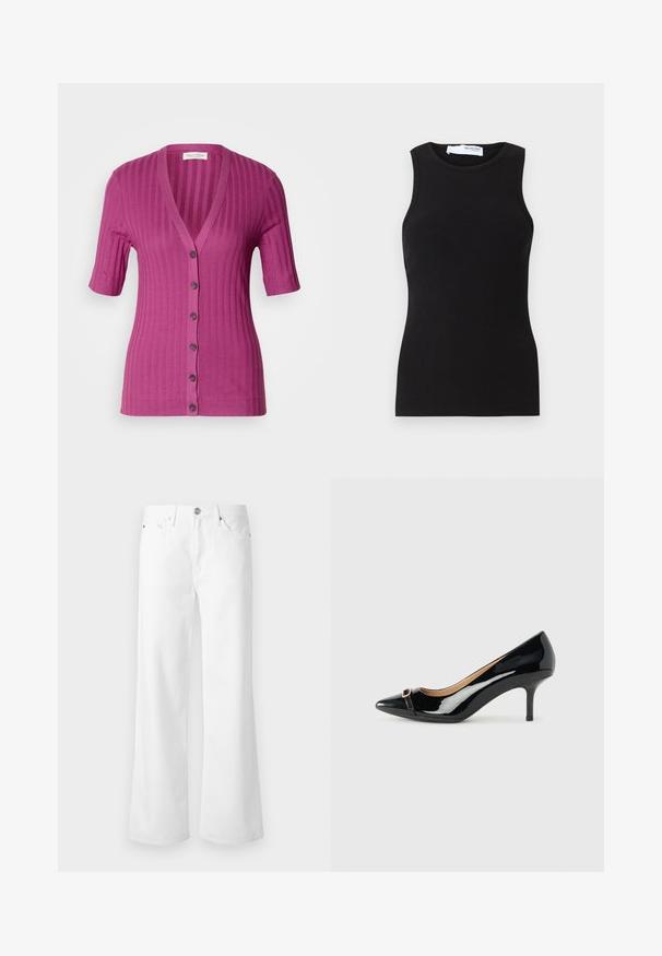 Ribbet, kortærmet cardigan i livlig magenta, med dyb V-hals, seks knaplukninger og kontrastbrune knapper.; Sort ribbet tanktop med uden ærmer og rund hals. Lavet af et strækbart stof, har den en tætsiddende form og en glat overflade.; Hvide højtaljede jeans med vide ben, forrest med knap, lynlås og fem-lomme design på en ensfarvet lys baggrund.; Sorte patentlæder højhælede pumps med spids tå, som har en lille guldbuckle detalje foran og en slank hæl.