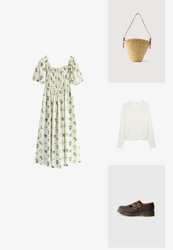 Cardigan blanc tricoté avec un motif en torsades, col rond et fermeture à boutons. Dispose de poignets et d'un ourlet côtelés pour un ajustement confortable. Texture douce.; Robe maxi blanche à manches bouffantes, corsage froncé, motifs floraux et fruitiers multicolores avec texte en écriture cursive.; Chaussure en cuir marron foncé avec des sangles à double boucle, un design perforé au niveau des orteils et une semelle épaisse translucide avec des coutures jaunes.; Sac seau en paille tissée avec une base large, un sommet étroit et une bandoulière en cuir marron ajustable.