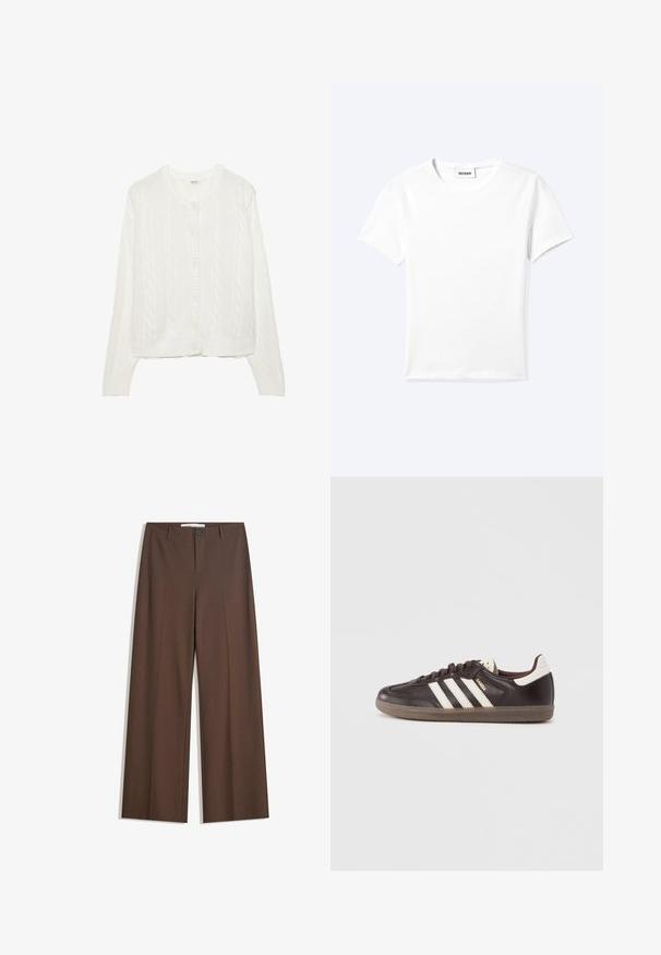 Cardigan blanc tricoté avec un motif en torsades, col rond et fermeture à boutons. Dispose de poignets et d'un ourlet côtelés pour un ajustement confortable. Texture douce.; T-shirt blanc uni à manches courtes et col rond avec une petite étiquette "WEEKDAY" à l'intérieur de l'encolure, présenté à plat sur un fond clair.; Pantalons larges marron avec une texture lisse, des plis à l'avant, une fermeture à bouton et deux poches latérales. Conçus pour le confort et la polyvalence.; Baskets en cuir marron foncé avec un design à trois bandes blanches, une semelle en caoutchouc et l'inscription "Samba" en lettres dorées sur le côté. Forme classique basse.