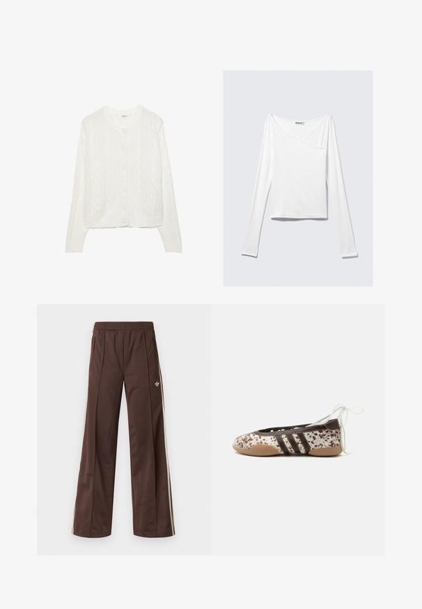 Cardigan blanc tricoté avec un motif en torsades, col rond et fermeture à boutons. Dispose de poignets et d'un ourlet côtelés pour un ajustement confortable. Texture douce.; Haut blanc à manches longues avec un design croisé et une poche. Fabriqué dans un tissu lisse et extensible. Coupé dans une coupe décontractée et ample.; Pantalon de sport marron à jambes larges, avec des bandes blanches sur les côtés, une taille élastique et deux poches latérales. Présente un petit logo sur la jambe.; Chaussure de ballet plate avec un motif tacheté marron et blanc, trois bandes foncées sur le côté, semelle marron clair et lacets blancs à nouer à la cheville.