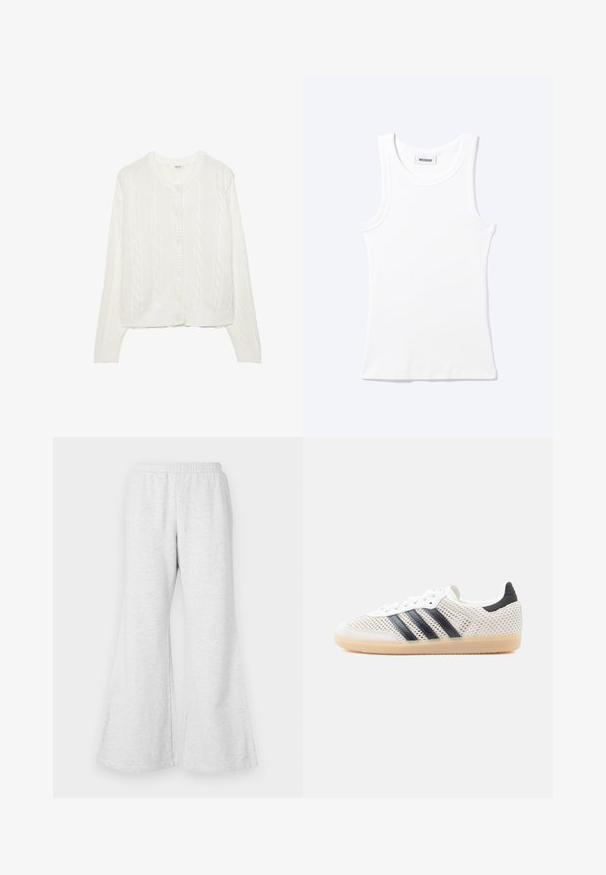 Cardigan blanc tricoté avec un motif en torsades, col rond et fermeture à boutons. Dispose de poignets et d'un ourlet côtelés pour un ajustement confortable. Texture douce.; Débardeur blanc côtelé sans manches avec encolure ronde et une petite étiquette indiquant "WEEKDAY" à l'intérieur du col.; Pantalons de survêtement évasés gris clair avec une taille élastique, fabriqués en tissu doux et texturé. Présente une coupe décontractée et de larges ouvertures aux jambes.; Baskets en maille blanche avec un design à trois bandes noires, bout arrondi et semelle en caoutchouc gomme. Dotées d'un col de talon souple et d'une fermeture à lacets.