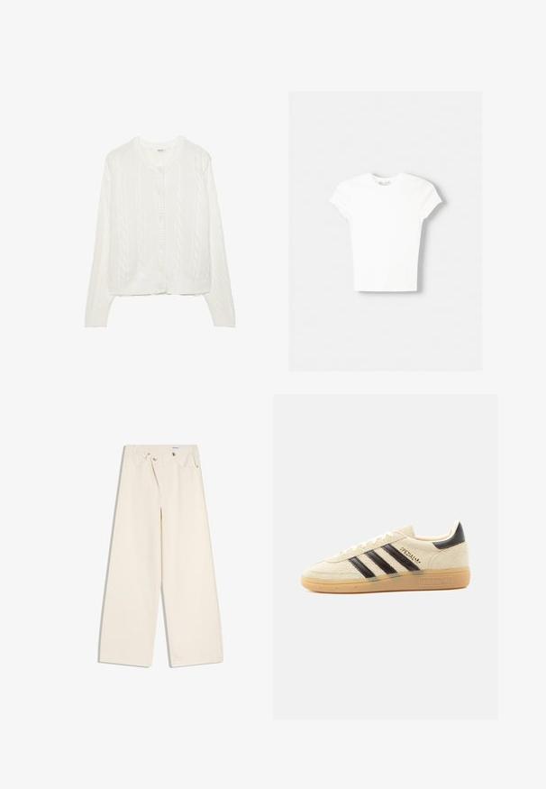 Cardigan blanc tricoté avec un motif en torsades, col rond et fermeture à boutons. Dispose de poignets et d'un ourlet côtelés pour un ajustement confortable. Texture douce.; T-shirt blanc à manches courtes en coton doux, avec un col rond et une coupe ajustée. Pas de motifs ni d'ornements visibles.; Pantalon large couleur écru avec poches avant, passants pour ceinture, et boutons argentés sur la ceinture et les bords des poches.; Baskets en daim crème avec des rayures noires, semelle en gomme, languette noire au talon et texte doré "SPEZIAL" sur le côté.