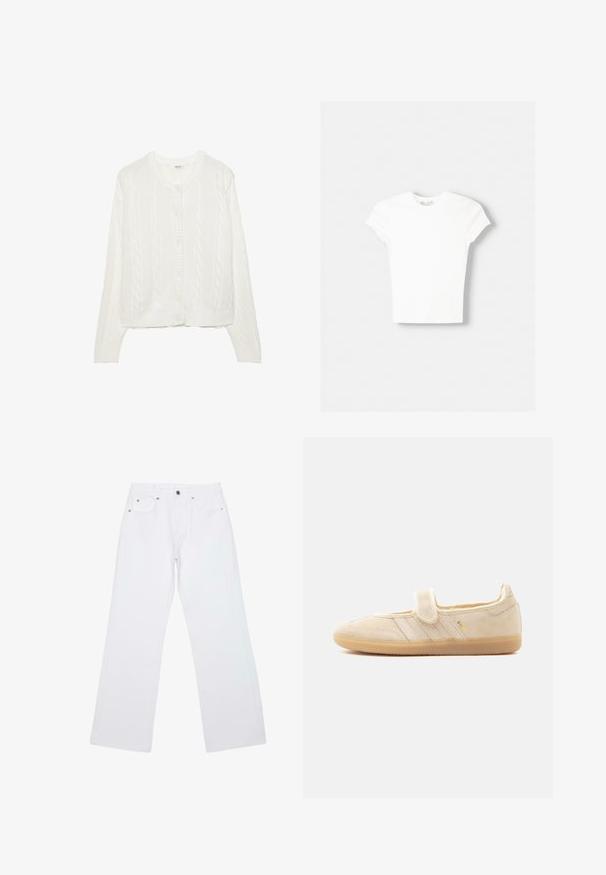 Cardigan blanc tricoté avec un motif en torsades, col rond et fermeture à boutons. Dispose de poignets et d'un ourlet côtelés pour un ajustement confortable. Texture douce.; T-shirt blanc à manches courtes en coton doux, avec un col rond et une coupe ajustée. Pas de motifs ni d'ornements visibles.; Jean droit blanc avec cinq poches, passants de ceinture et fermeture avant par bouton et zip, posé à plat sur un fond blanc.; Baskets Mary Jane en daim beige avec sangle auto-agrippante, semelle en gomme, trois bandes cousues et marquage doré "SAMBA" sur le côté.