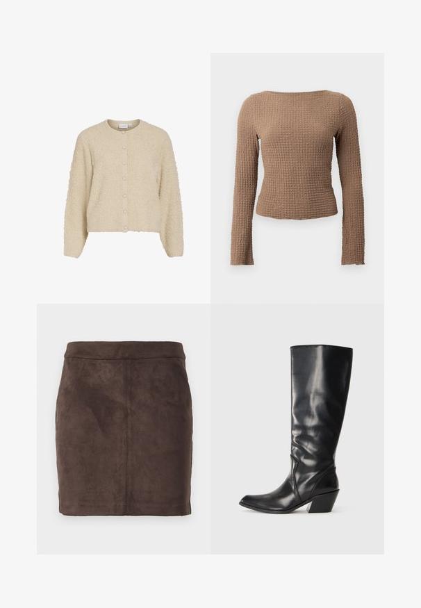Beige, struktureret cardigan med rund hals og knaplukning, lavet af blødt, fuzzy stof og med ribbede manchetter. Korthofte design.; Brun tekstureret langærmet fitted top med bådhals og et subtilt vaffelmønster.; Brun ruskind mini-nederdel med en glat tekstur, tætsiddende design og en flad talje, der har lodrette sømme for struktur.; Sorte læder knæhøje støvler med spids tå, vinklet hæl og glat tekstur. Funktioner en subtil syning langs siden.