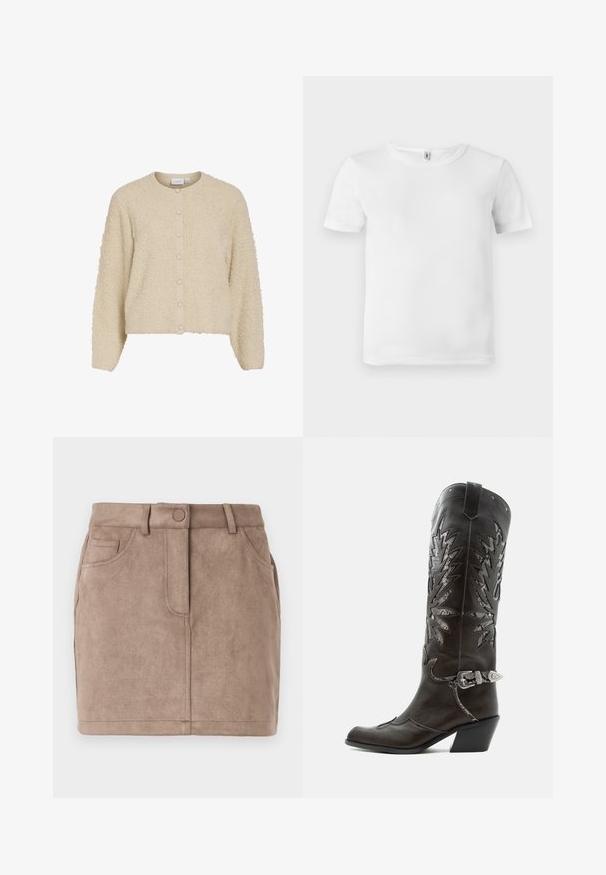 Beige, gebreide cardigan met een ronde hals en knoopsluiting, vervaardigd uit een zachte, donzige stof en met ribgebreide manches. Verkorte lengte.; Witte t-shirt met korte mouwen en een geribde textuur. Klassieke ronde hals, geen zichtbare logo's of patronen, en een eenvoudig, strak ontwerp.; Bruine, suède mini-jurk met een rechte snit, voorknopsluiting, vijf zakken en riemlussen; zachte textuur en gladde oppervlakte.; Zwarte leren cowboylaars met decoratieve uitsnijdingen, zilveren gesp en schuine hak, weergegeven op een witte achtergrond.